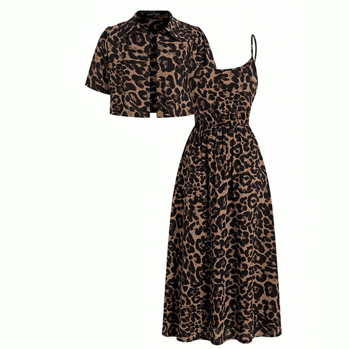 Casual leopard print short-sleeved cardigan and slip dress two-piece set