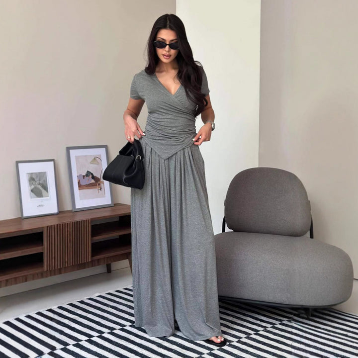 Cross-neck top and wide-leg pants suit
