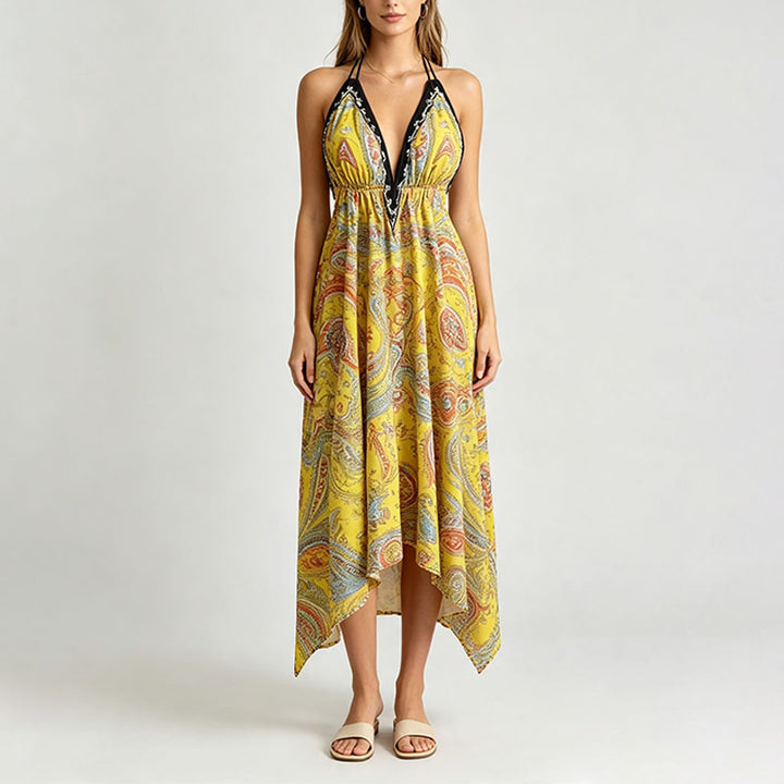 Bohemian Print Halter-Neck Tie-Strap Dress