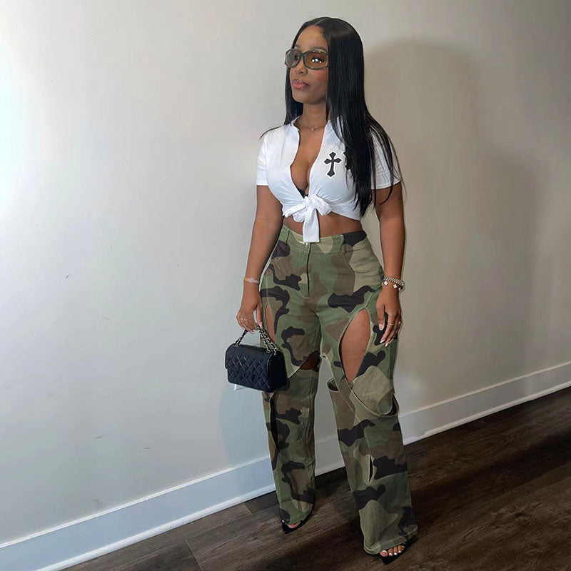 Cut-out camouflage high-waisted cargo pants