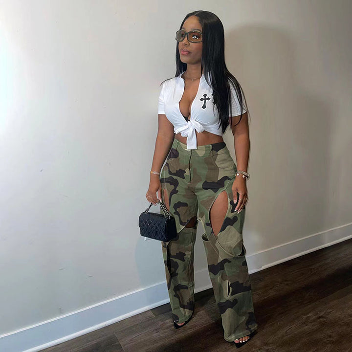 Cut-out camouflage high-waisted cargo pants