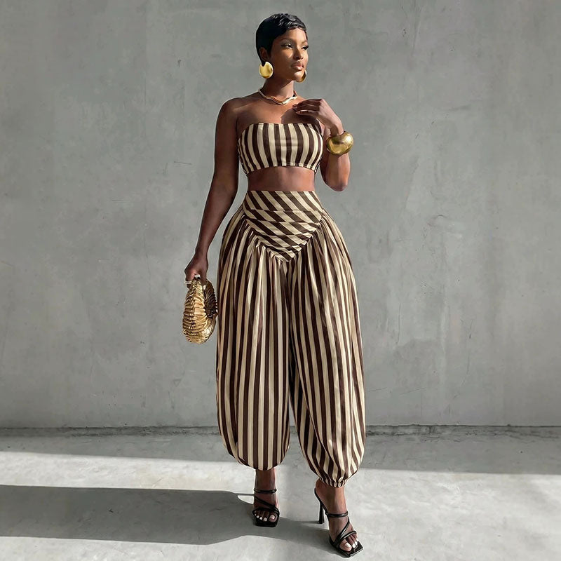 Striped strapless top and harem pants two-piece set