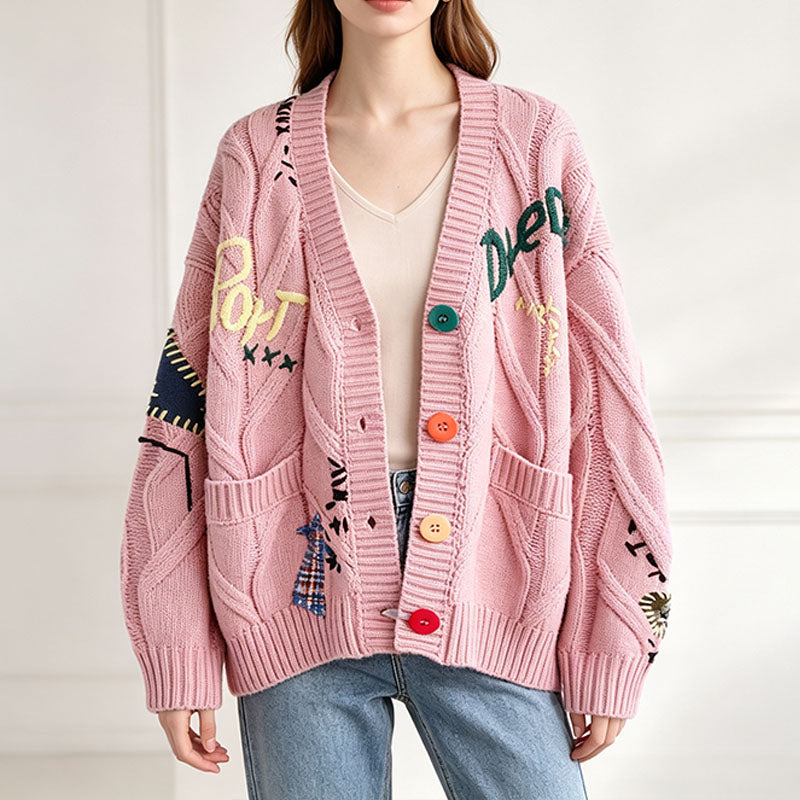 Retro pattern cable knit cardigan