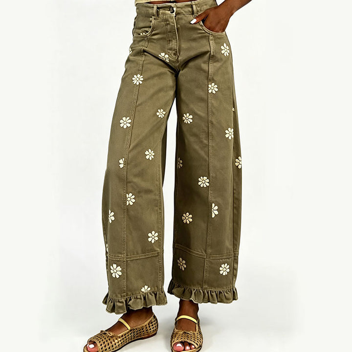 Ruffled floral wide-leg jeans