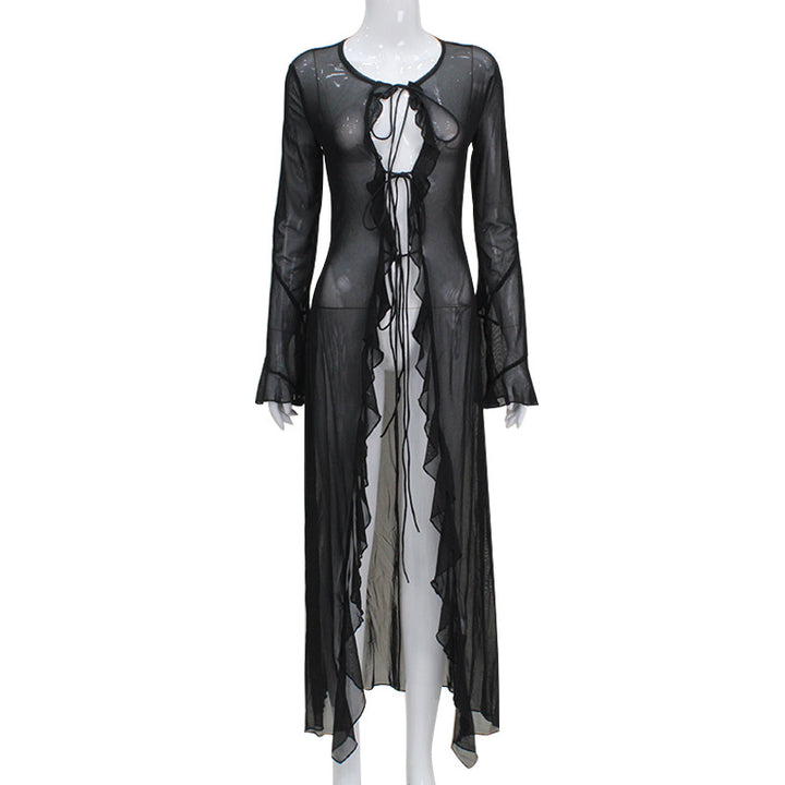 Long sheer ruffled cardigan-style dress