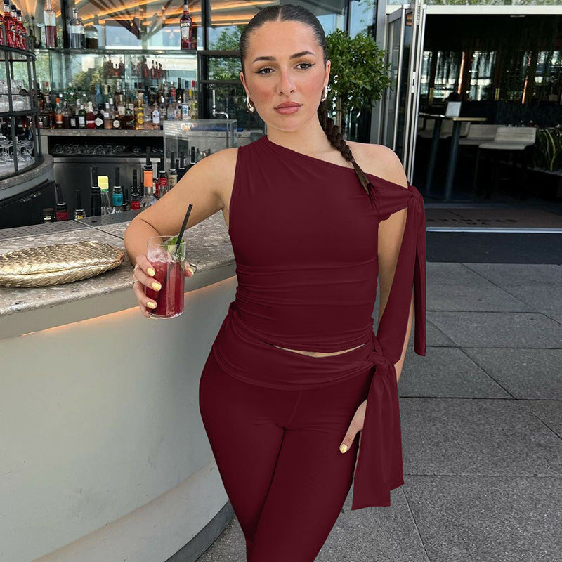 One-shoulder tie-strap top and cropped trousers set