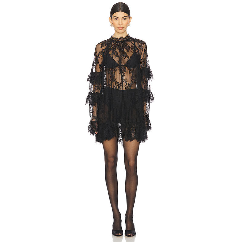 Sheer lace ruffle smock dress