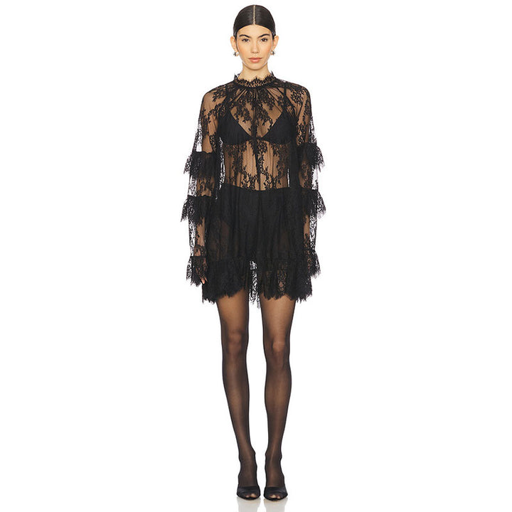 Sheer lace ruffle smock dress