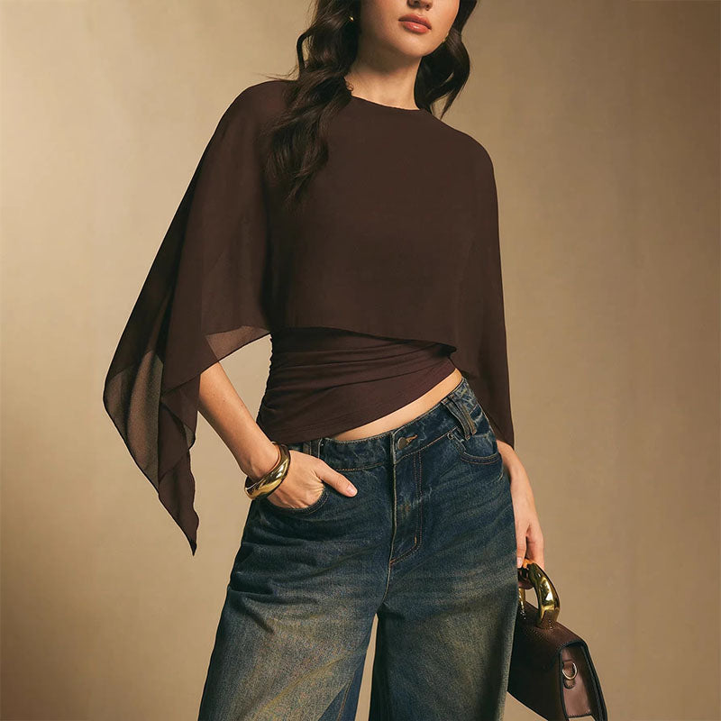 Round neck layered cape sleeve irregular top
