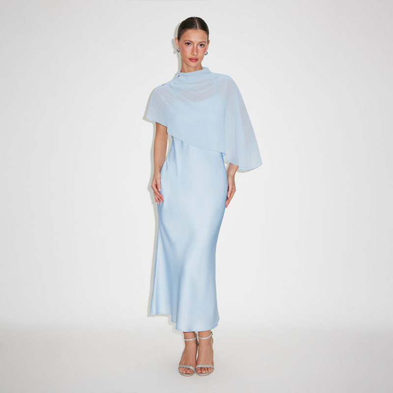 High-neck asymmetrical shawl and camisole dress set