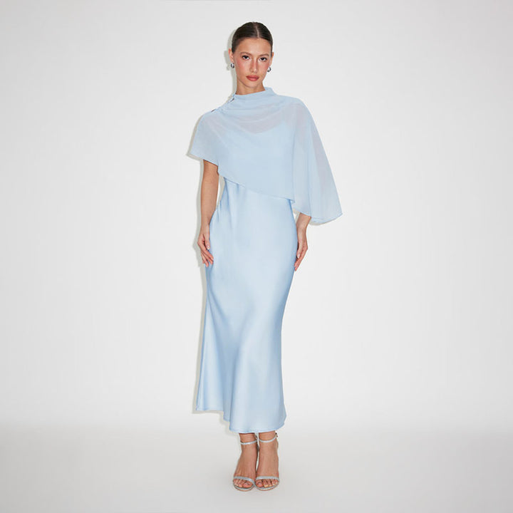 High-neck asymmetrical shawl and camisole dress set