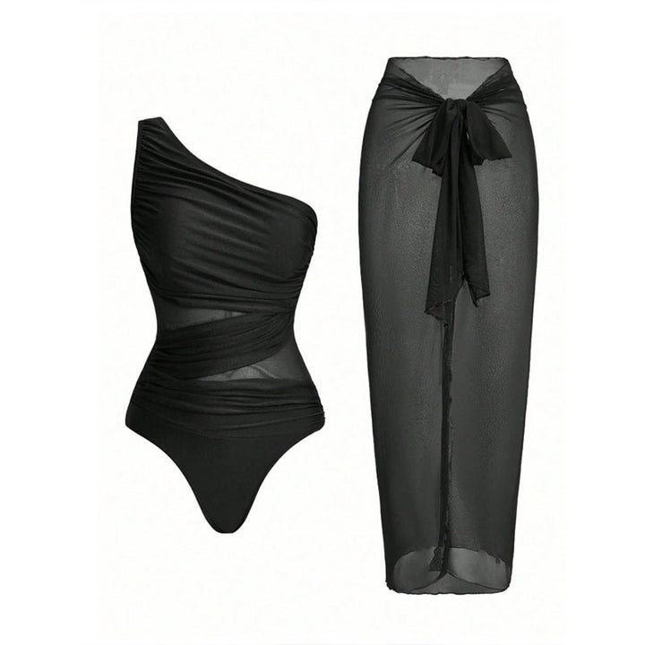 One-shoulder cut-out one-piece swimsuit and mesh cover-up skirt set