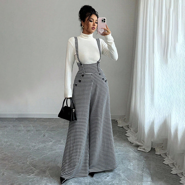 Retro plaid high-waisted wide-leg overalls