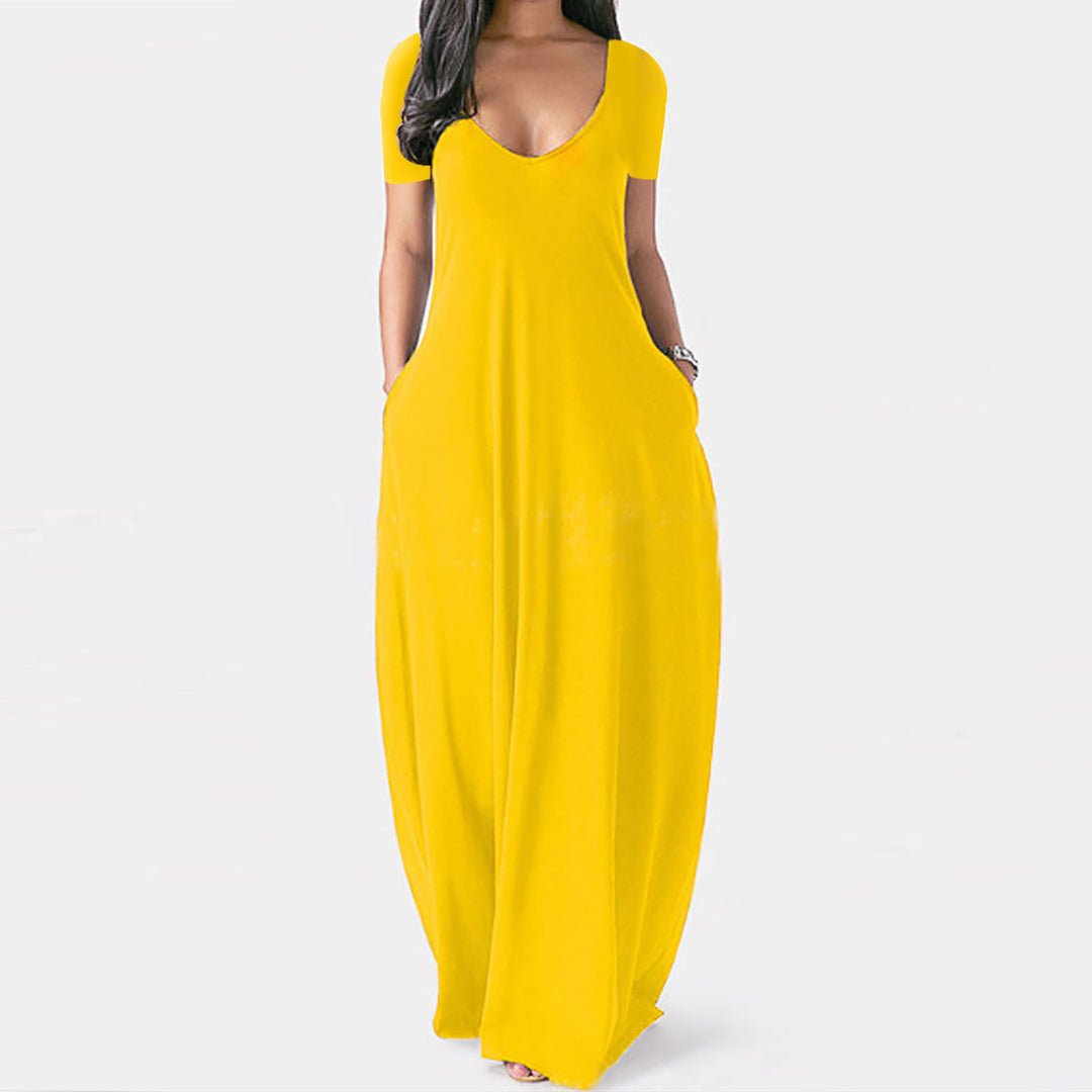 V-neck short-sleeved loose casual long dress