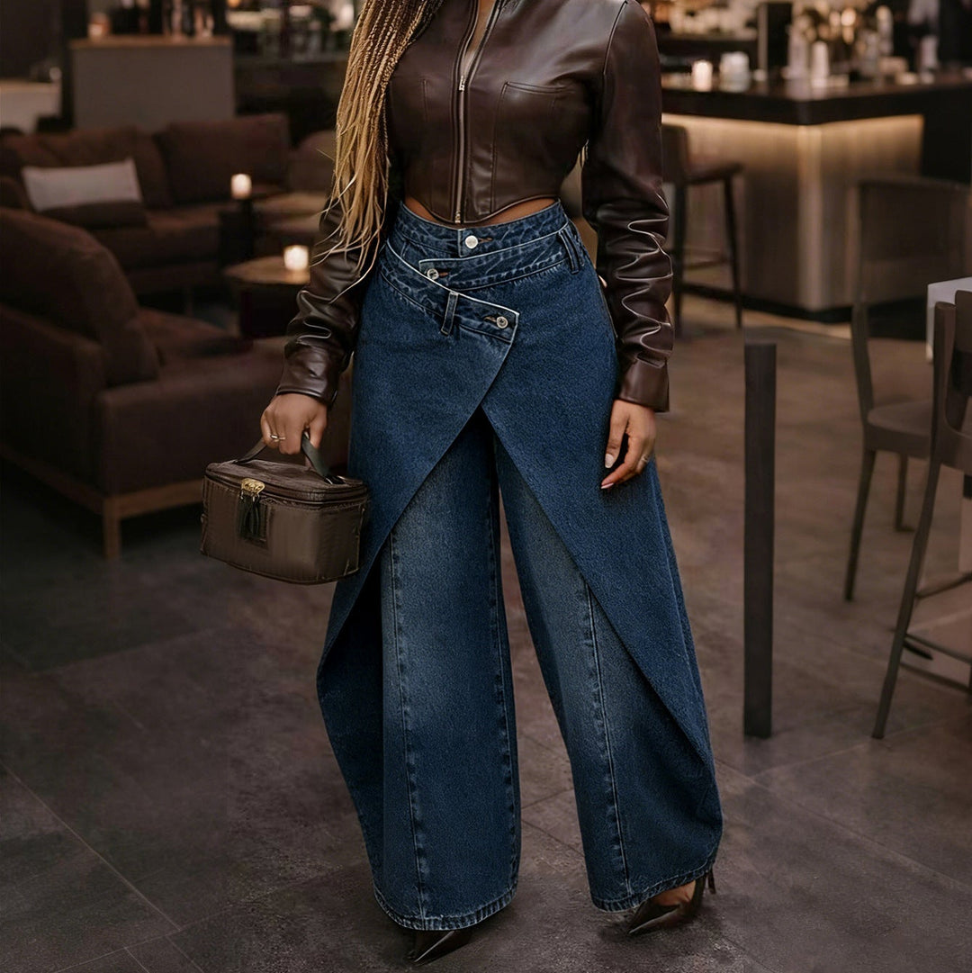 Retro Irregular Overlay Wide‑Leg Trousers