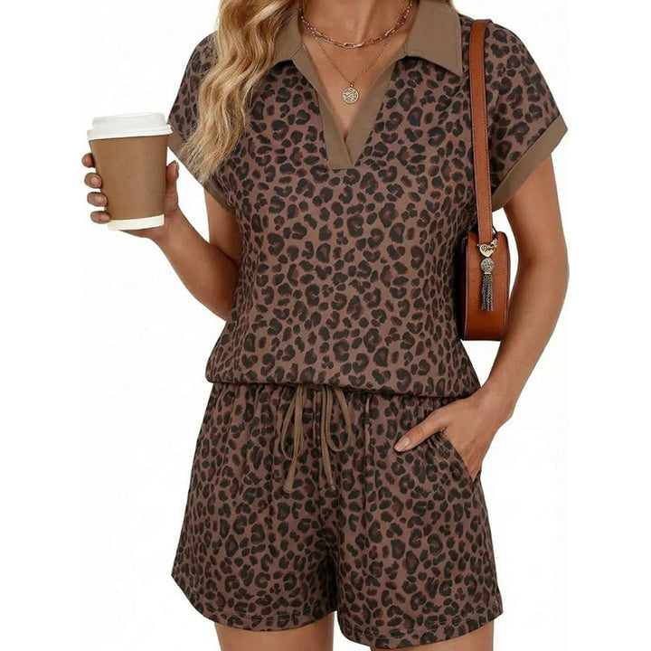 Leopard print collared short-sleeve top and drawstring shorts set