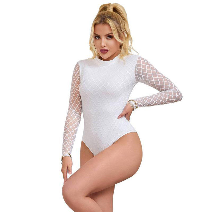 Checkered mesh long-sleeved bodysuit