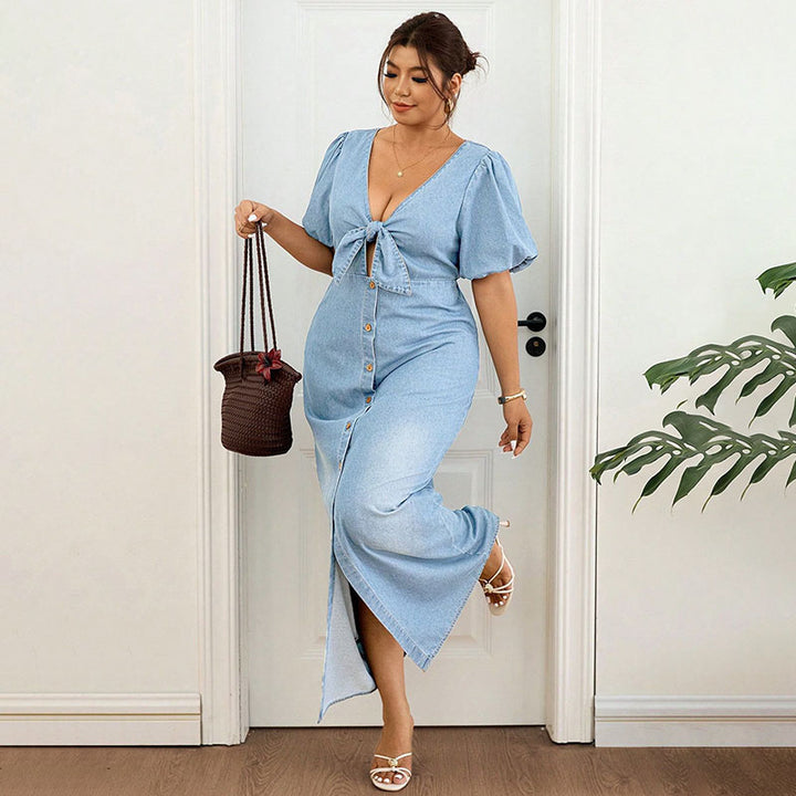 Plus-Size V-Neck Puff-Sleeve Slit Denim Dress