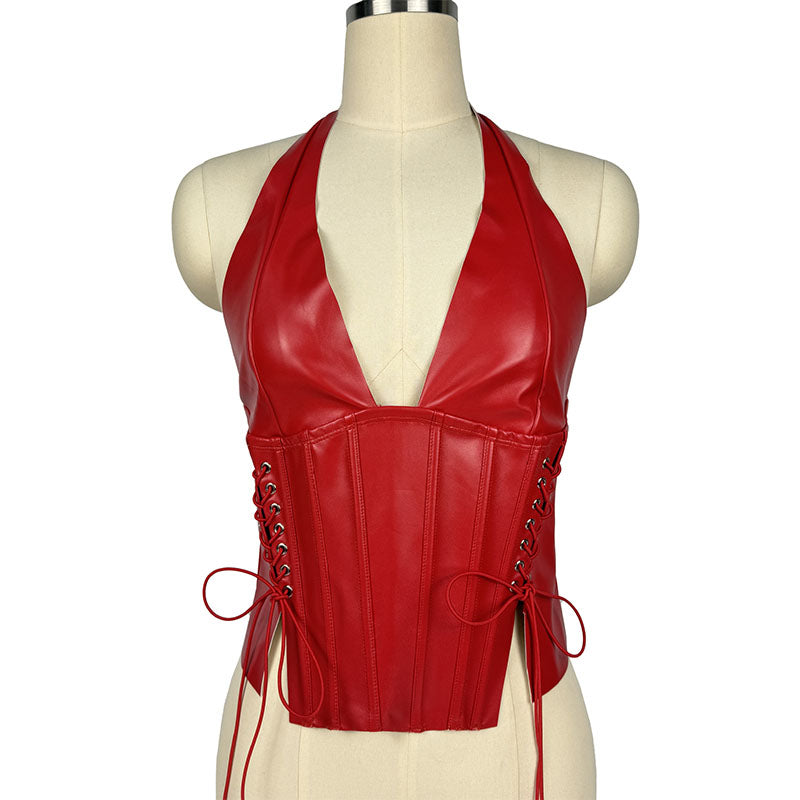 Sleeveless tie-up short leather camisole top