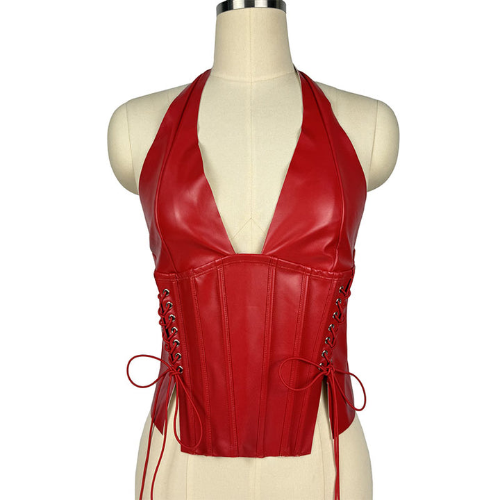 Sleeveless tie-up short leather camisole top