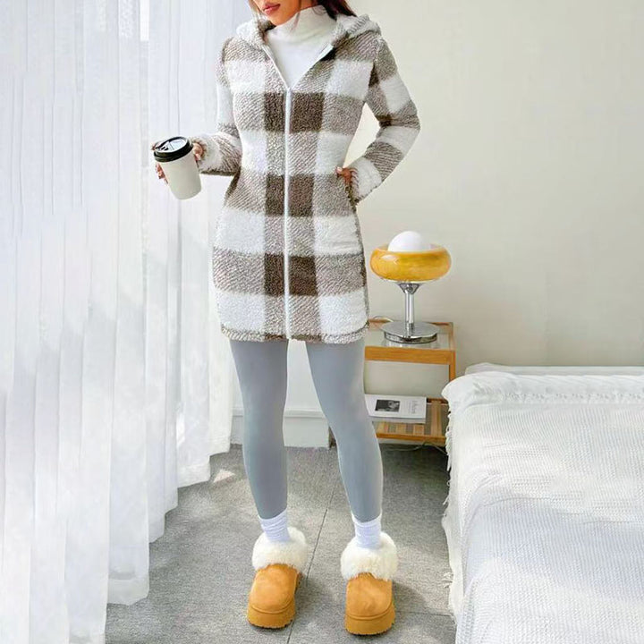 Plaid plush hooded zip-up jacket