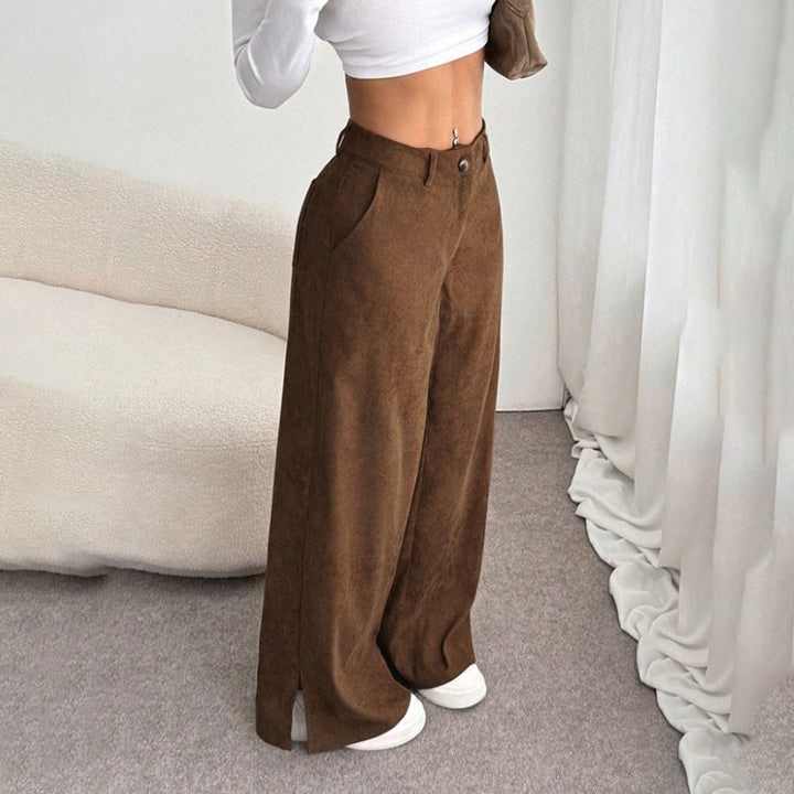 Corduroy mid-rise loose-fitting split trousers