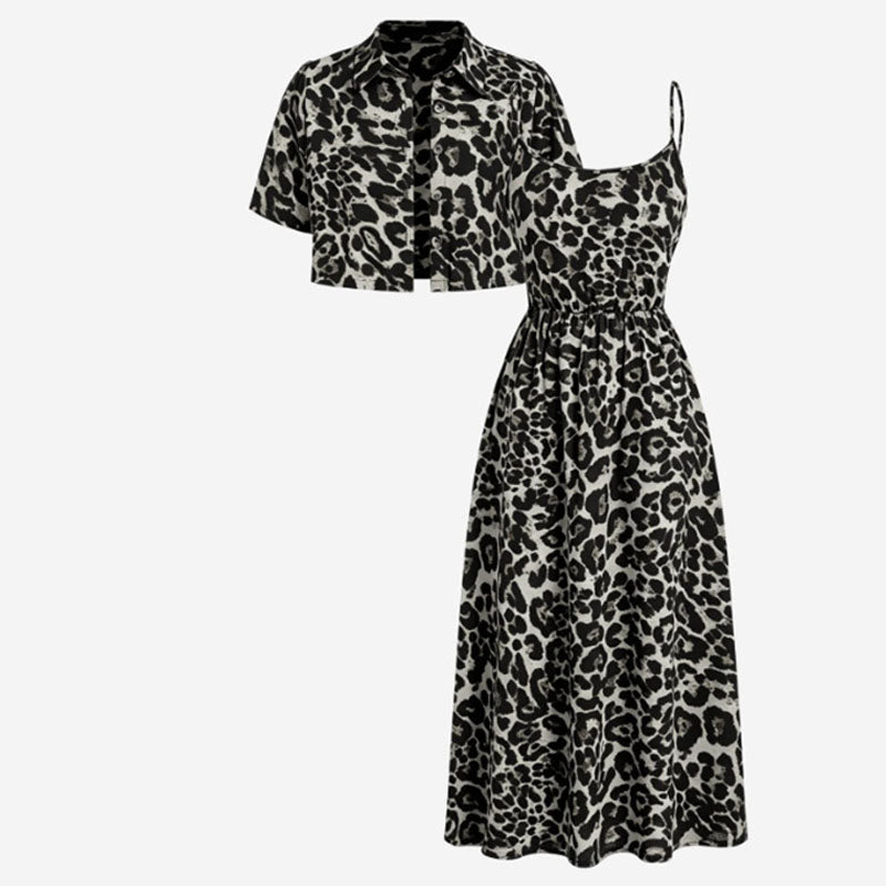 Casual leopard print short-sleeved cardigan and slip dress two-piece set