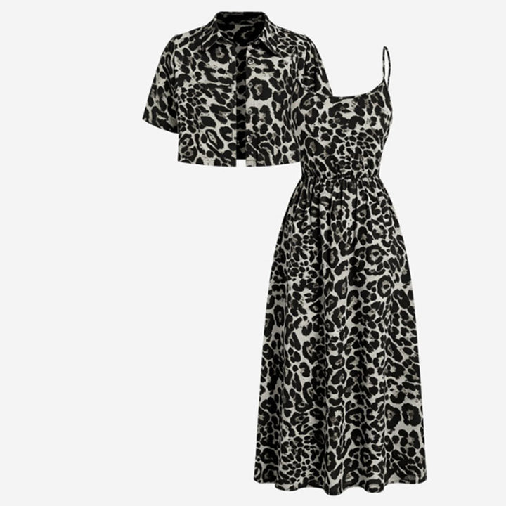Casual leopard print short-sleeved cardigan and slip dress two-piece set