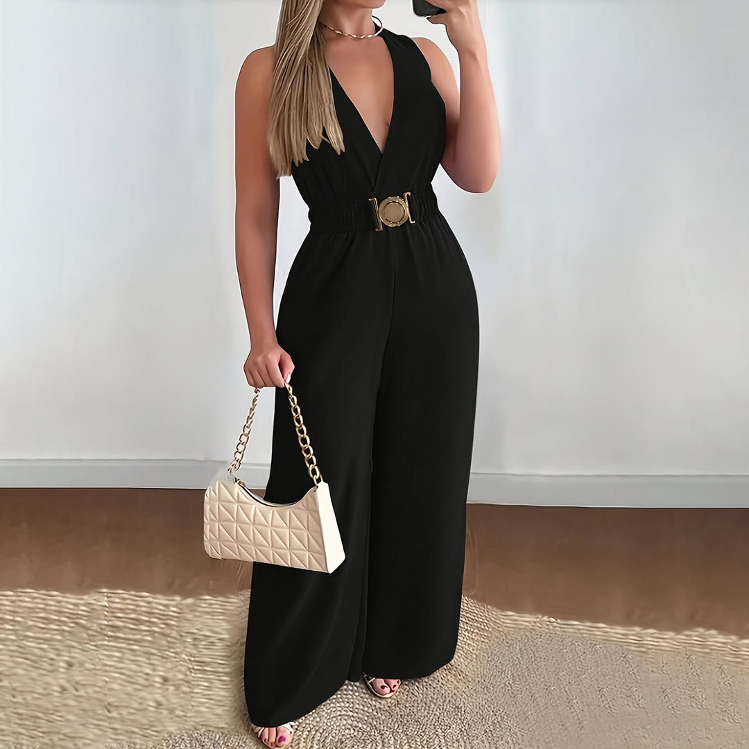 V-neck sleeveless wide-leg jumpsuit