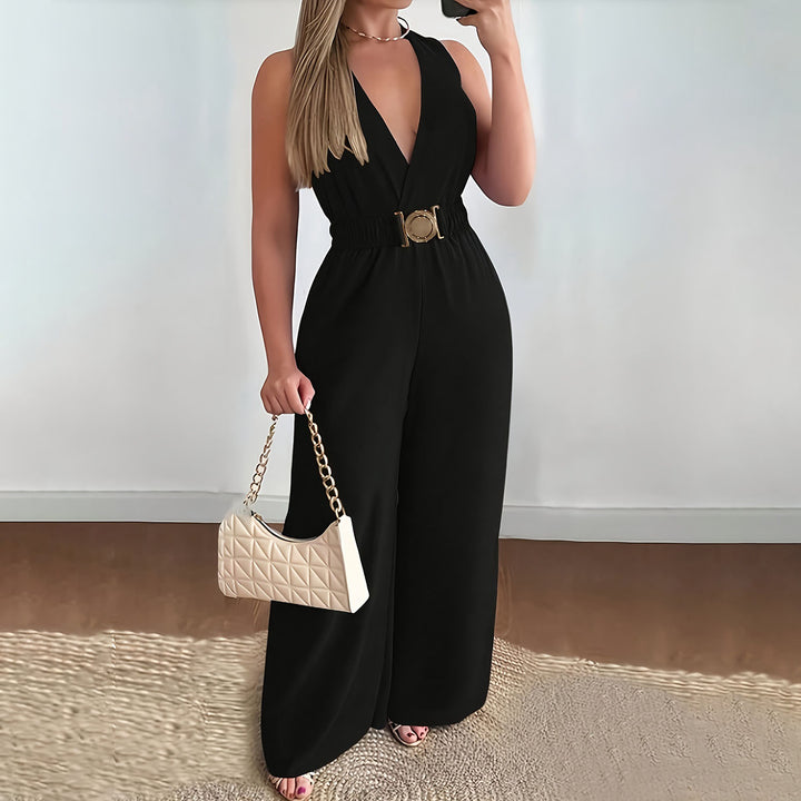 V-neck sleeveless wide-leg jumpsuit