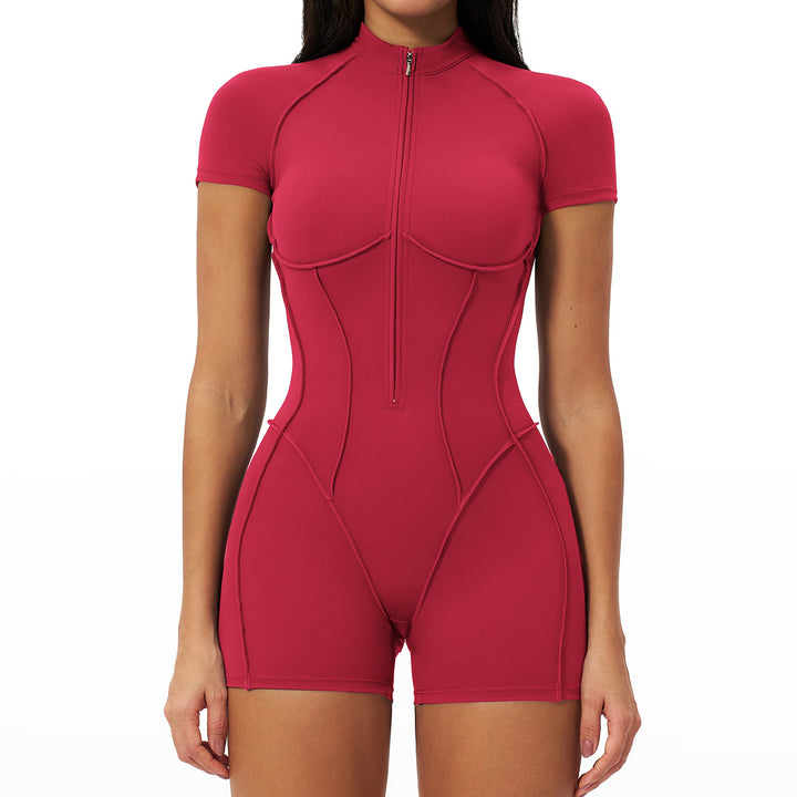 Stand-up collar half-zip shaping fitness bodysuit