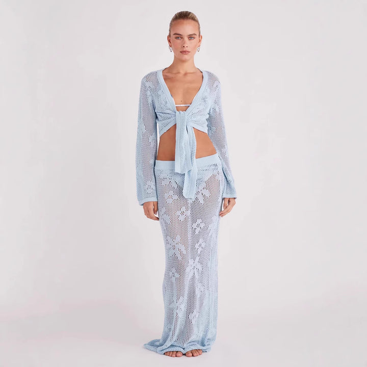 Floral Cut-Out Long-Sleeve Tie-Front Top and Maxi Skirt Set