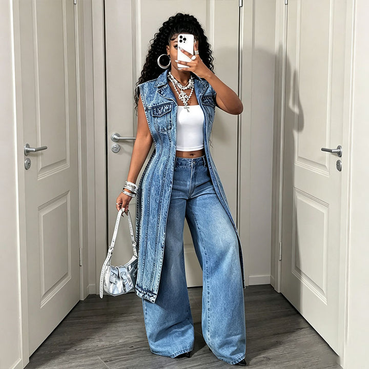 Sleeveless collared denim jacket