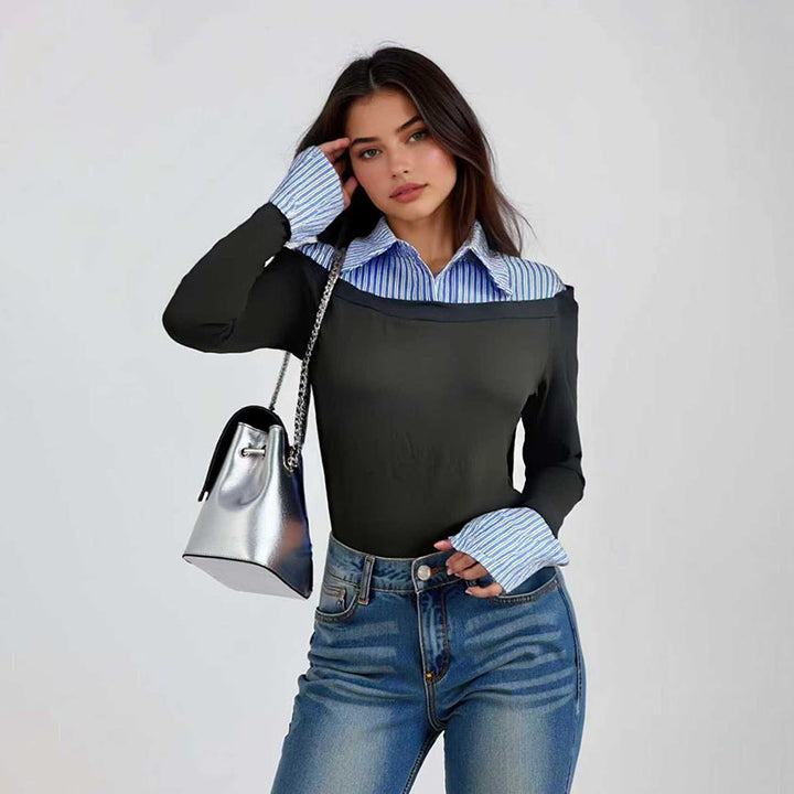 Striped patchwork slim-fit long-sleeved top