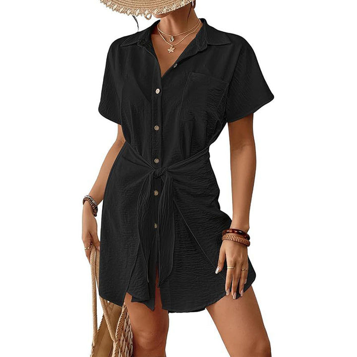 Short-sleeved belted shirt dress