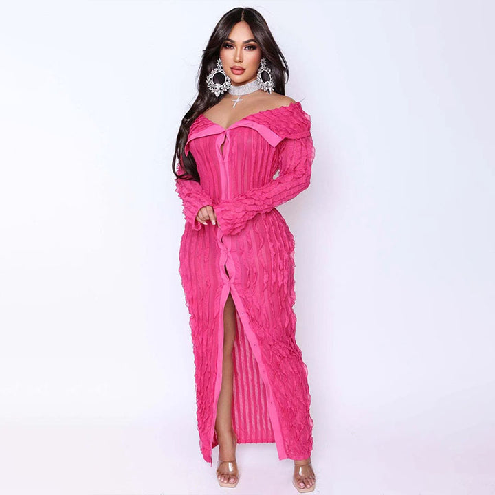 Front-slit wavy-patterned fitted long-sleeved dress