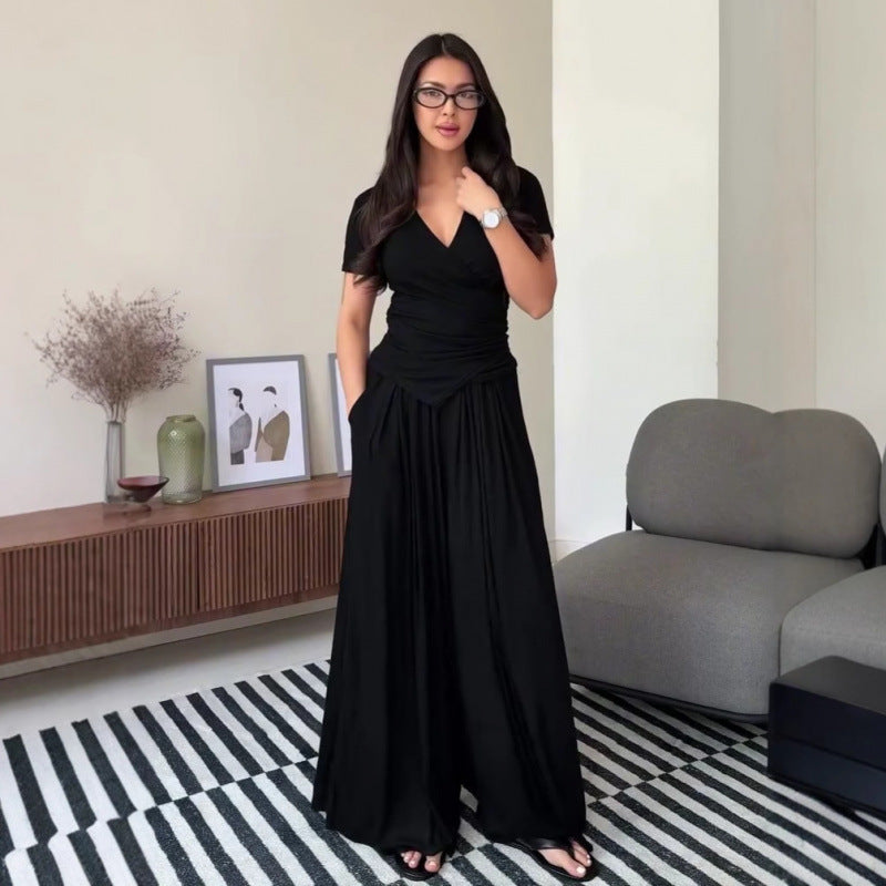 Cross-neck top and wide-leg pants suit