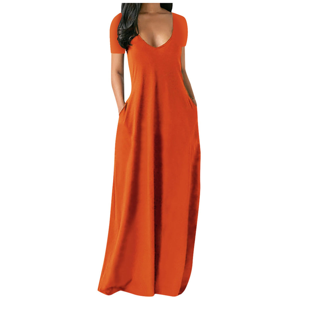 V-neck short-sleeved loose casual long dress