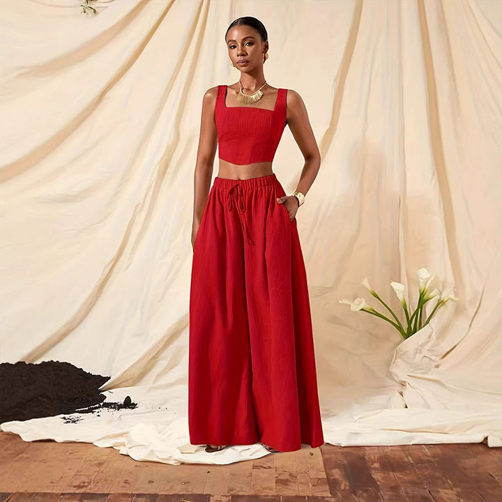 Square-neck cropped top and wide-leg trousers set