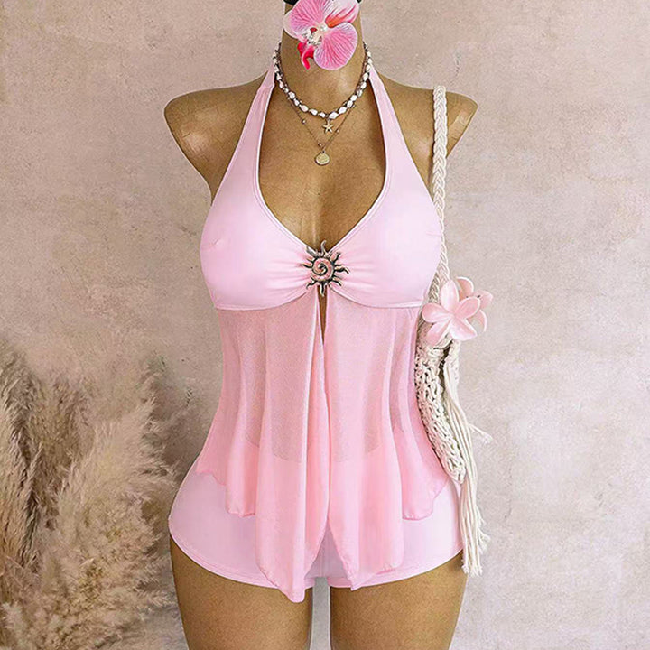 Halter neck deep V mesh swimsuit and swim trunks two-piece set