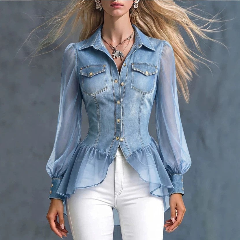 Mesh-paneled ruffled denim shirt