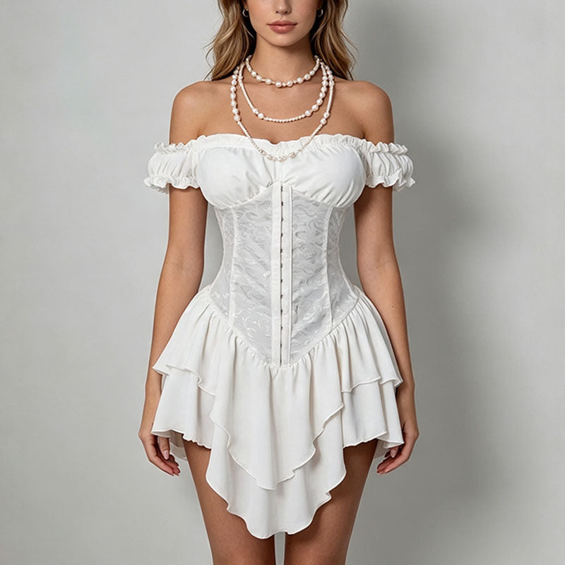 Off-shoulder ruffled waist-cinching dress