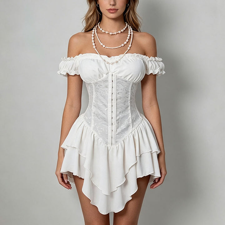 Off-shoulder ruffled waist-cinching dress