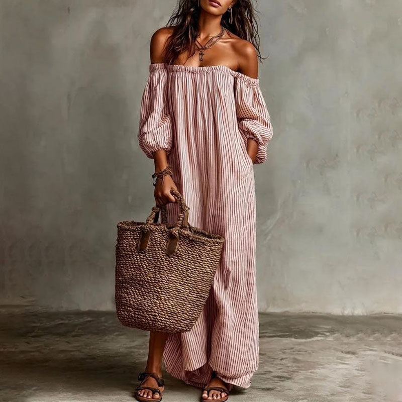 Striped off-shoulder puff-sleeve loose dress