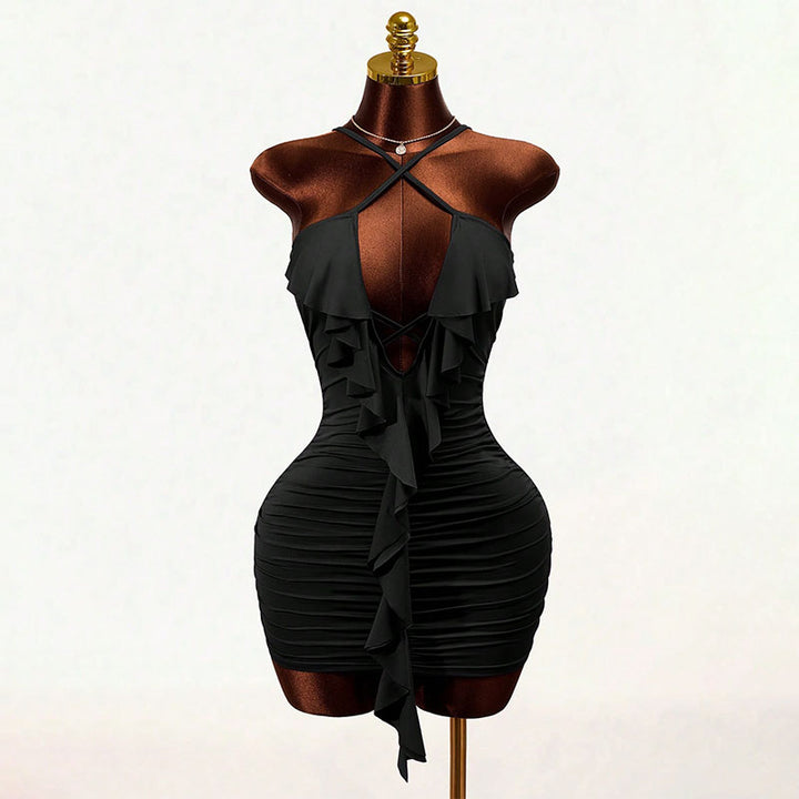 Crisscross Ruffled Pleated Slim-Fit Dress