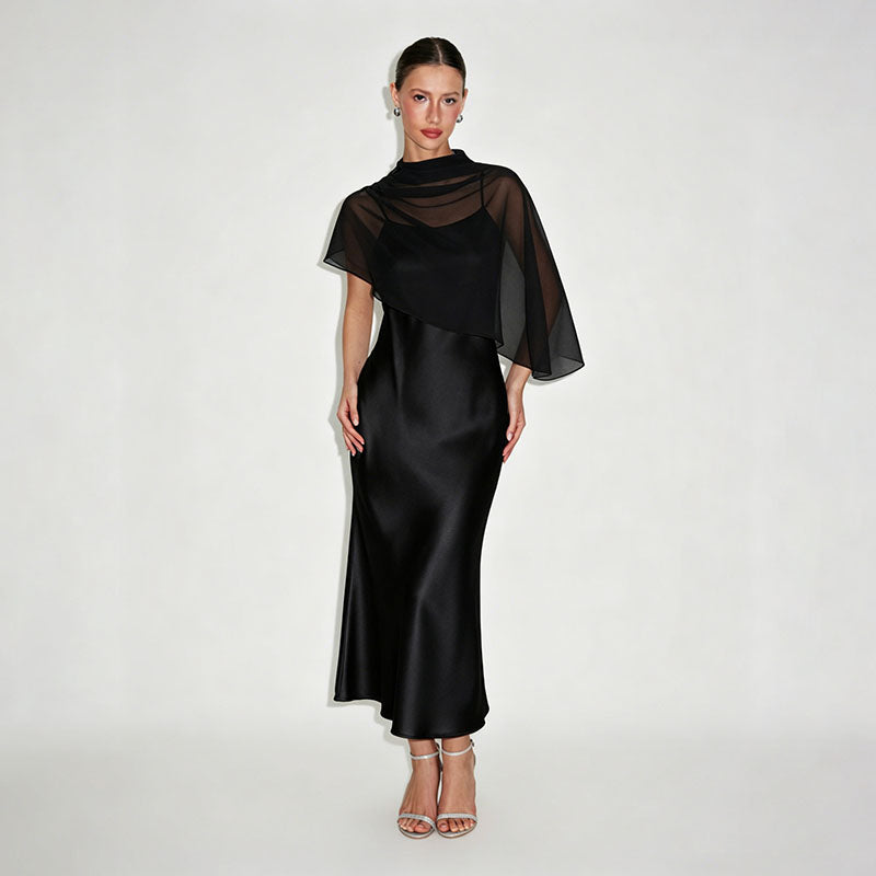 High-neck asymmetrical shawl and camisole dress set