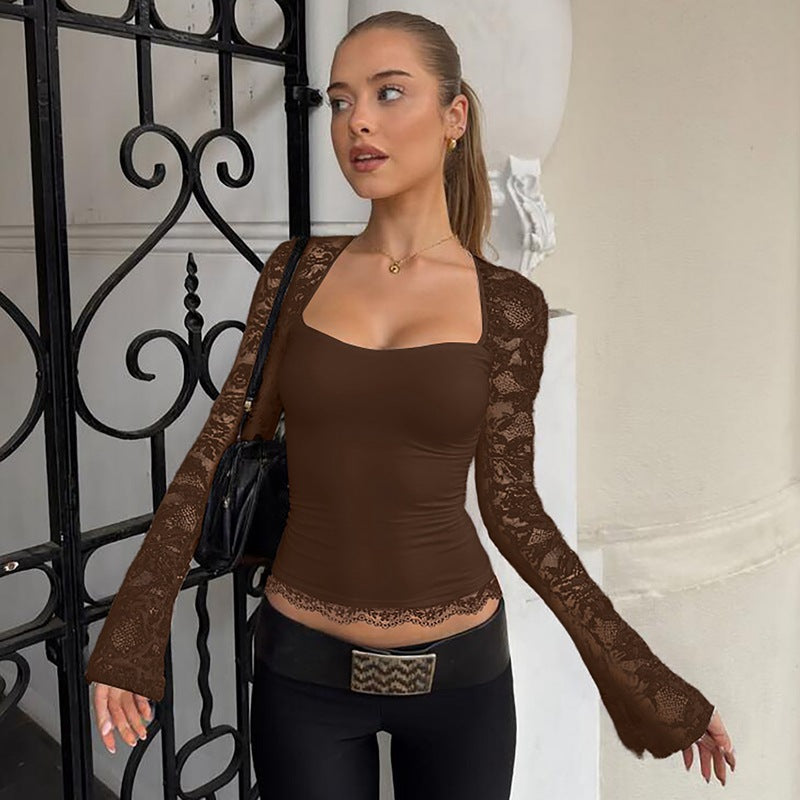 Square neck lace bell sleeve top