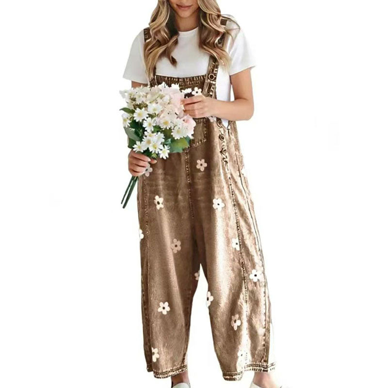 Floral denim wide-leg overalls