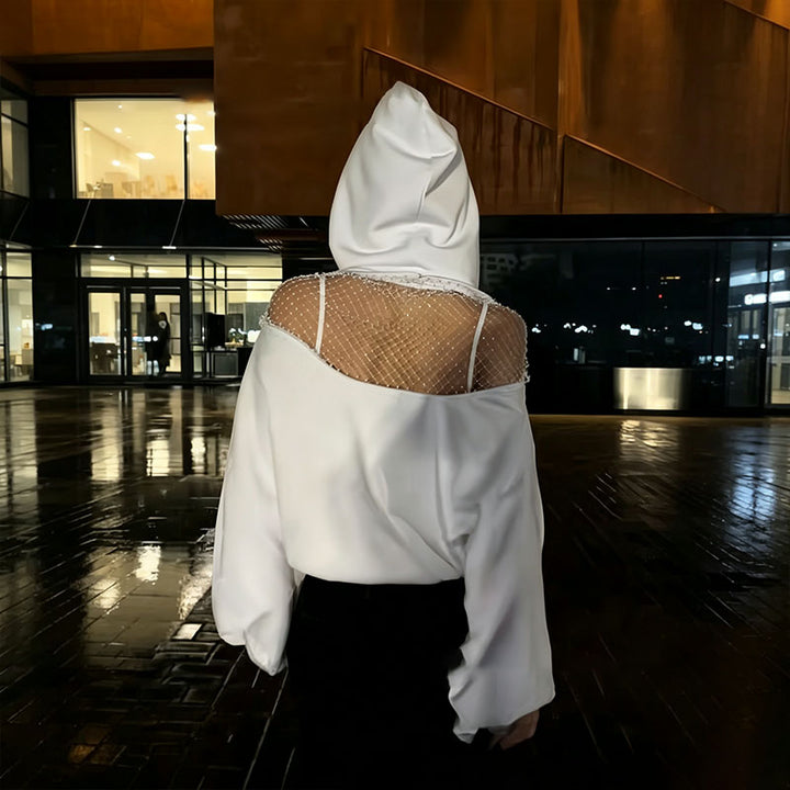 Open-back cutout mesh casual hoodie