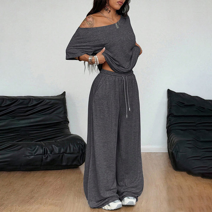 Off-shoulder short-sleeve top and wide-leg trousers set